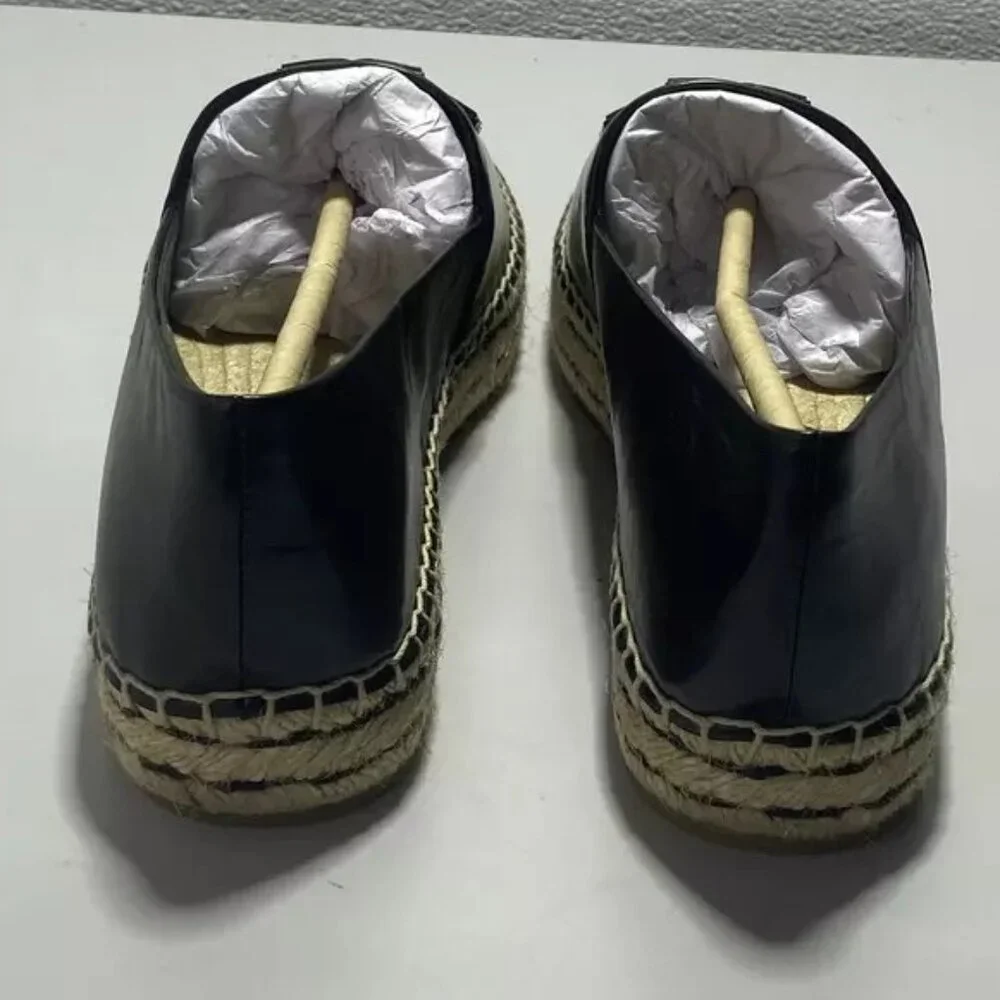 Tory Burch Black Leather Espadrille Flats with Jute Sole